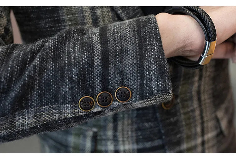 Men plaid slim fit polyester blazer in coffee colour with lapel collar and two-button front