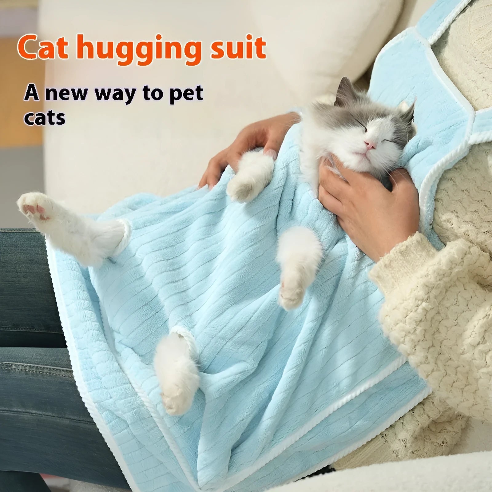 Cat petting apron made from cloth fabric in various colours including pink, light blue, and striped patterns