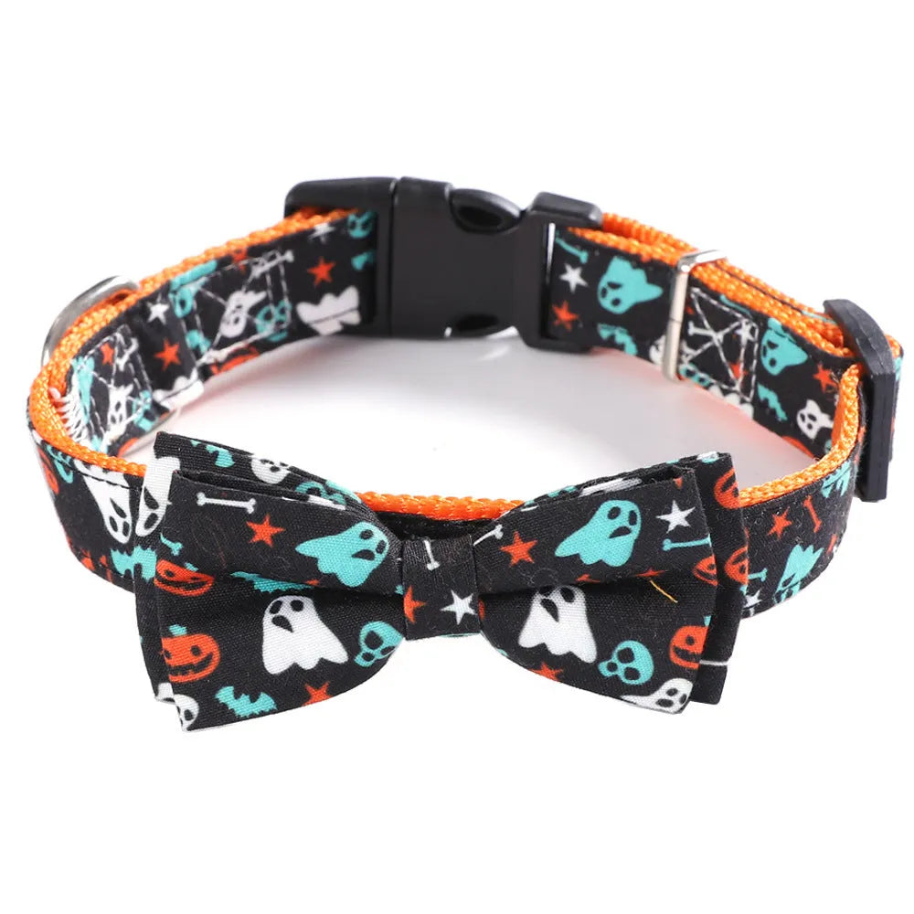 Geometric polyester cat collar in black ghost, yellow pumpkin, or black skull, sizes XS S M L