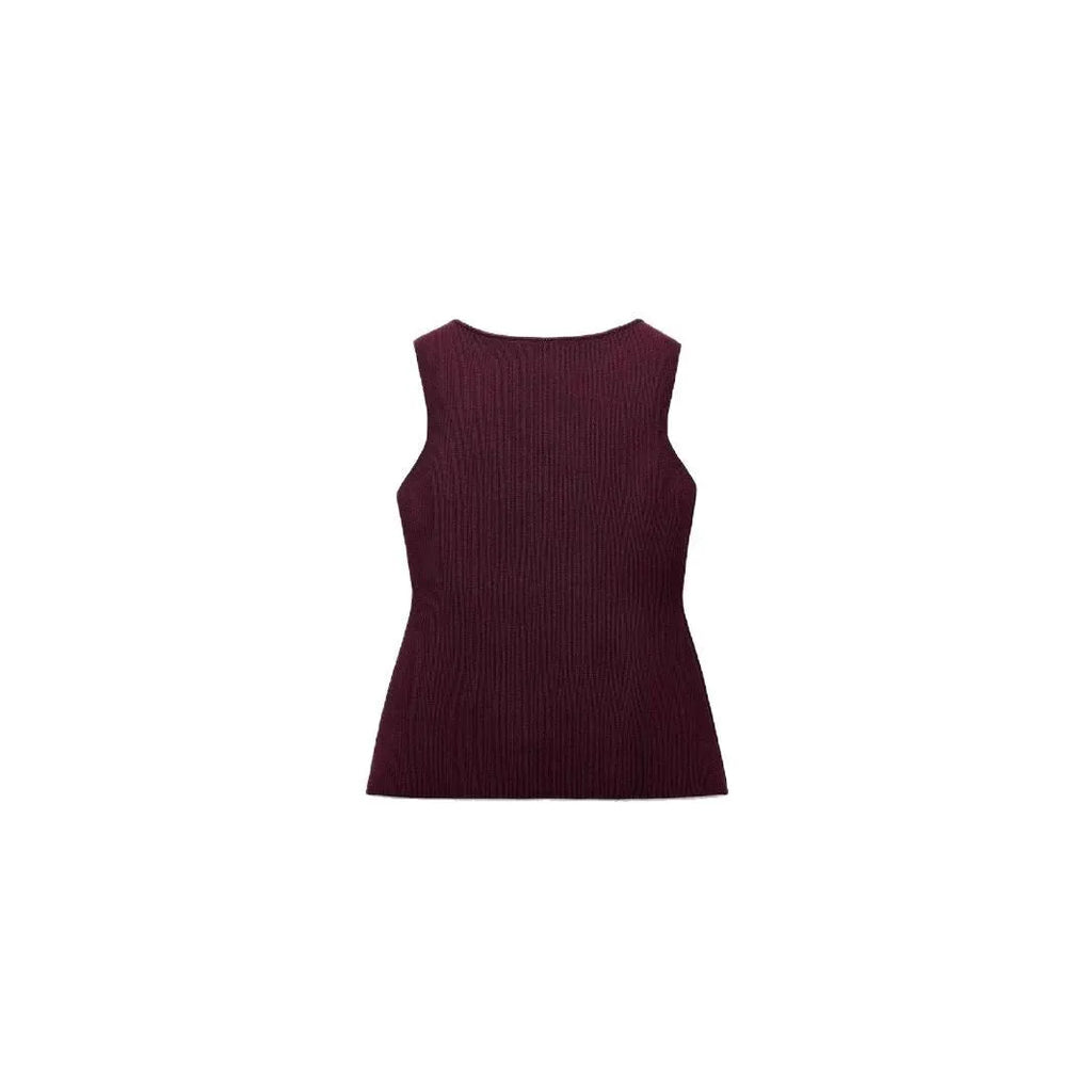 Dark red slim-fit sweater vest with gold buttons and 3D patterning on mannequin