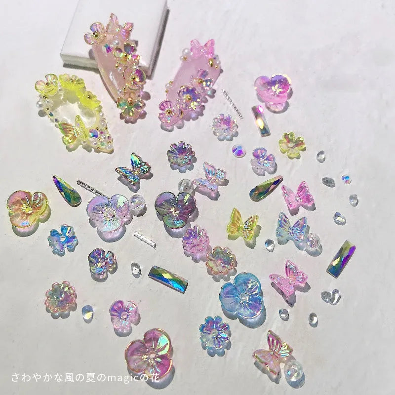 Jar of nail sequins with flower and butterfly shapes in 6 colours, 15g net content