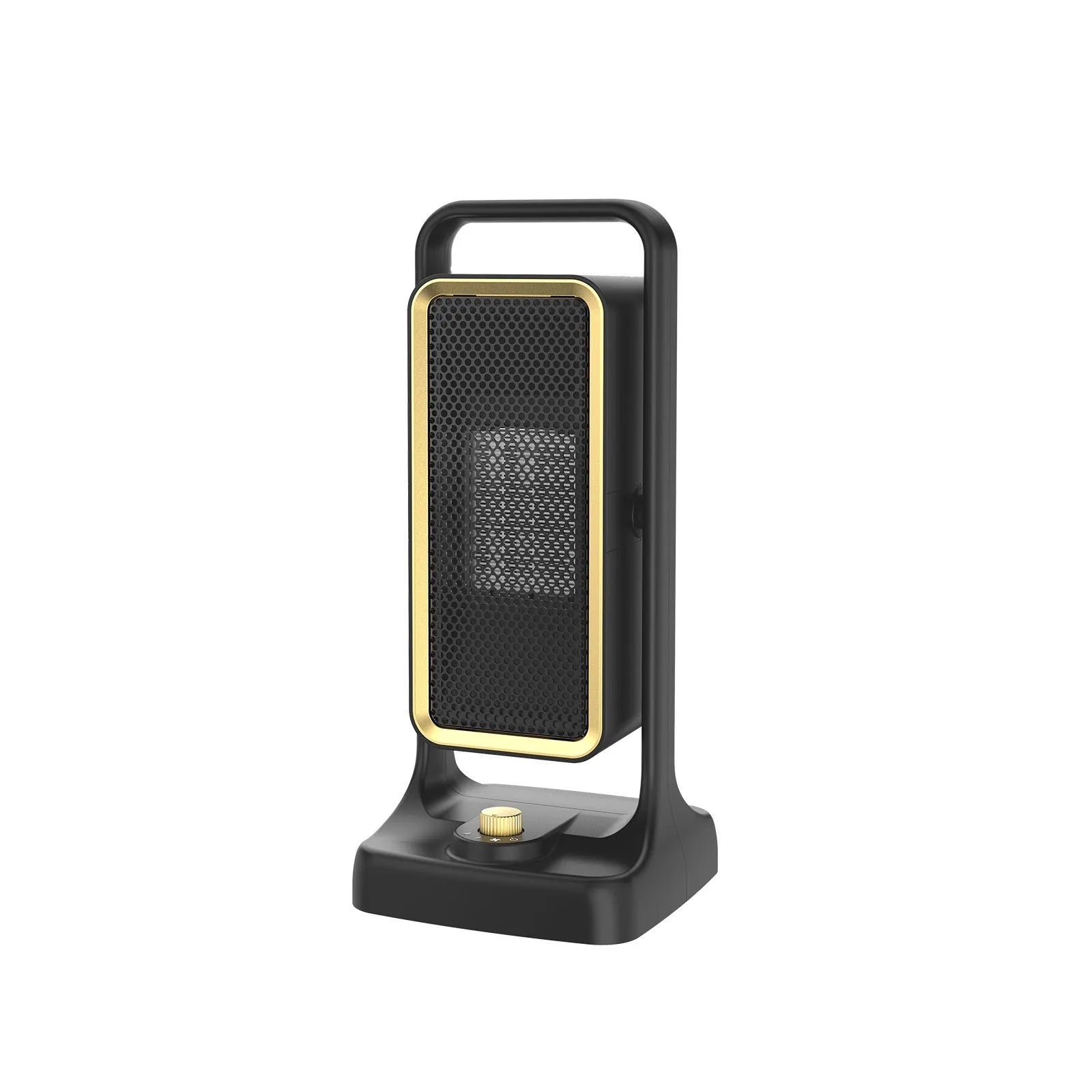 Black desktop PTC ceramic heater with knob controls showing dimensions 14.9x11.1x33.5cm