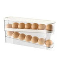 White plastic slide-out egg tray for refrigerator door with automatic dispenser and clear view window.