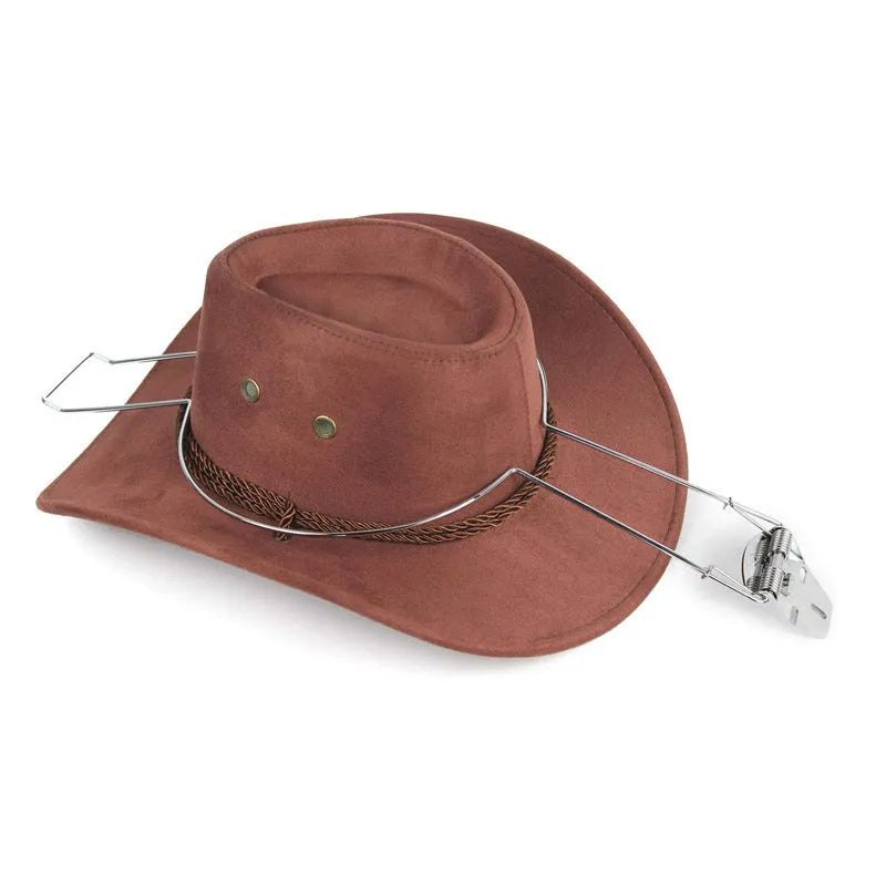 Brown iron car hat stand with a chrome-plated interior for holding coats and hats.