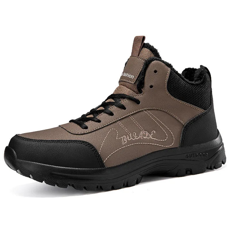 Men's black fleece-lined casual sports shoes with artificial leather upper and rubber sole