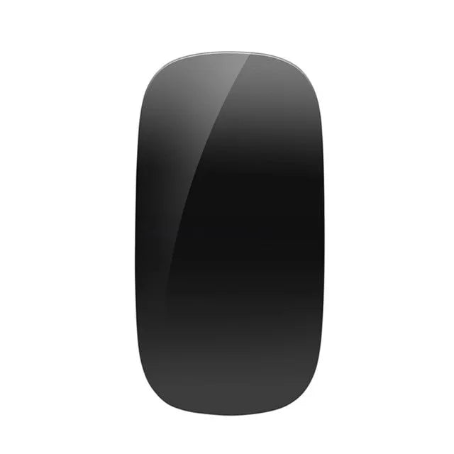 Ultra-thin touch wireless mouse in black on white background with USB receiver