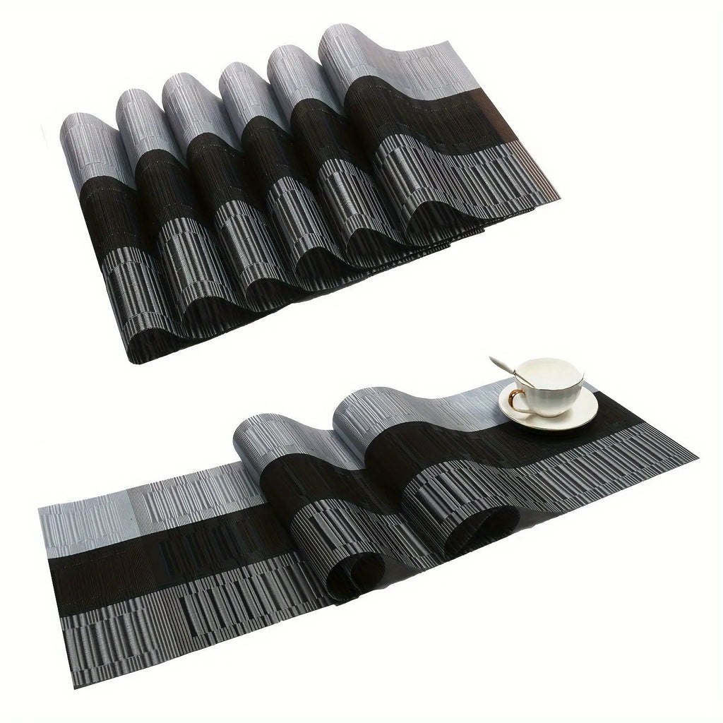 Modern PVC placemat in gradient bamboo design on a wooden dining table.