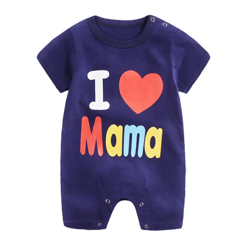 Baby one-piece cotton knit bodysuit in blue, short sleeves, lightweight summer clothing for infants