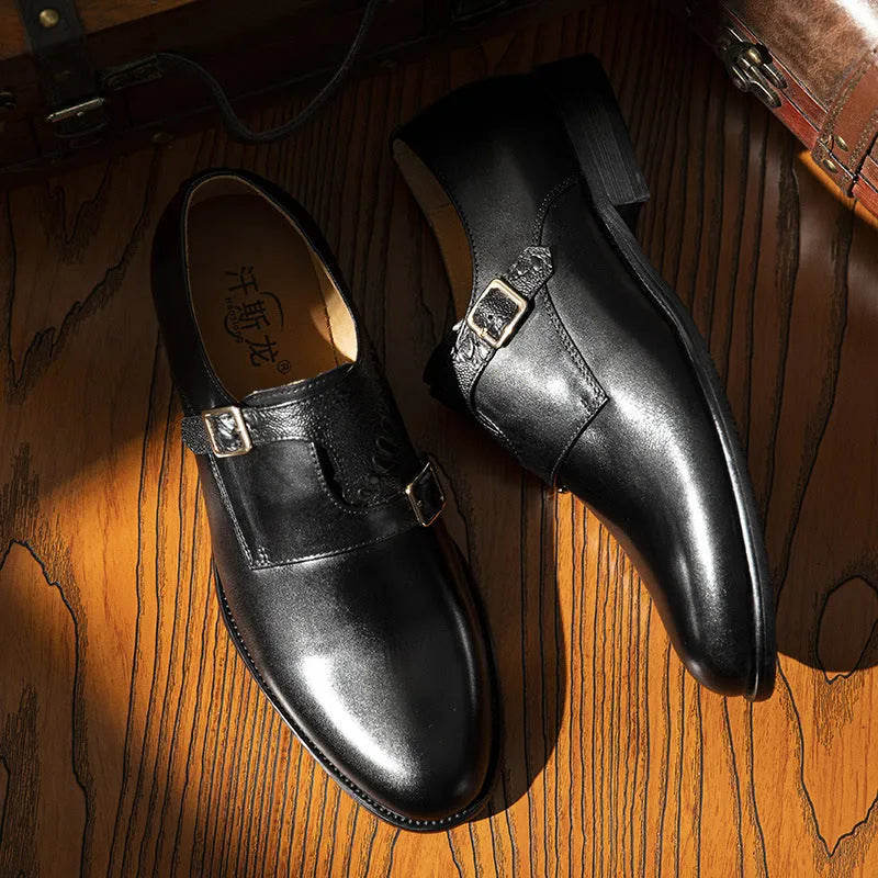 Men's first layer cowhide round toe double buckle retro business leather shoes in black