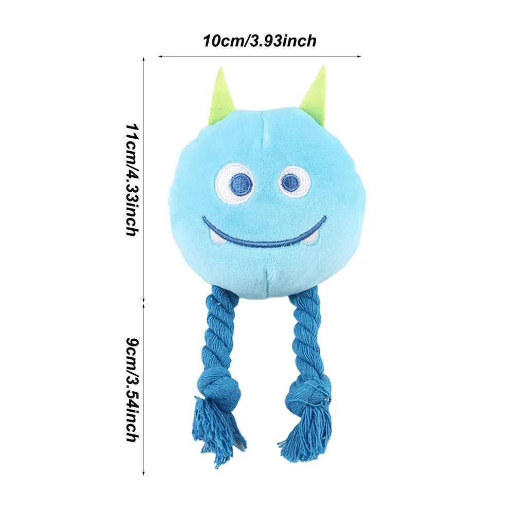 Yellow and blue dog squeaky toy with knot rope design for chewing and dental cleaning