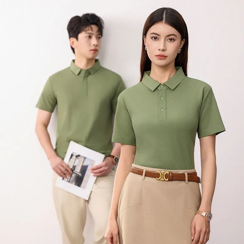 Short sleeve lapel collar polo shirt in solid colour cotton blend fabric on a hanger