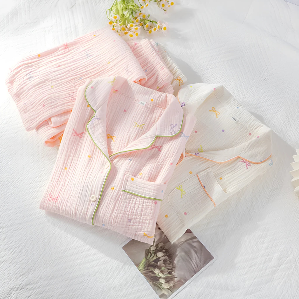 Women's cotton crepe pyjamas set in pink or beige with long sleeves and trousers