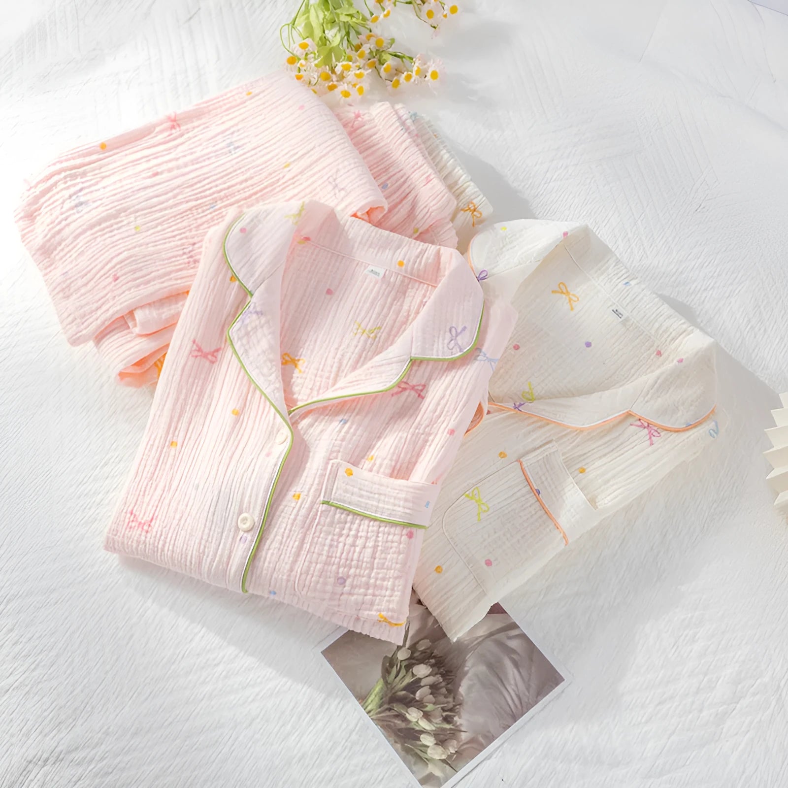 Women's cotton crepe pyjamas set in pink or beige with long sleeves and trousers