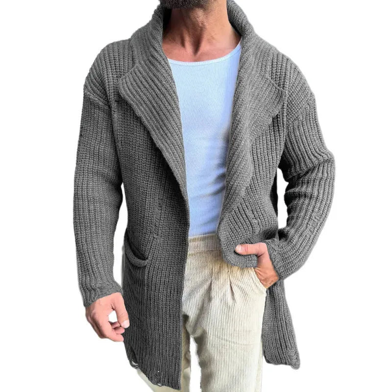 Long sleeve slim fit mid-length knitted cardigan in acrylic fibre, shown in black, dark blue, army green and grey, sizes S to XXL.