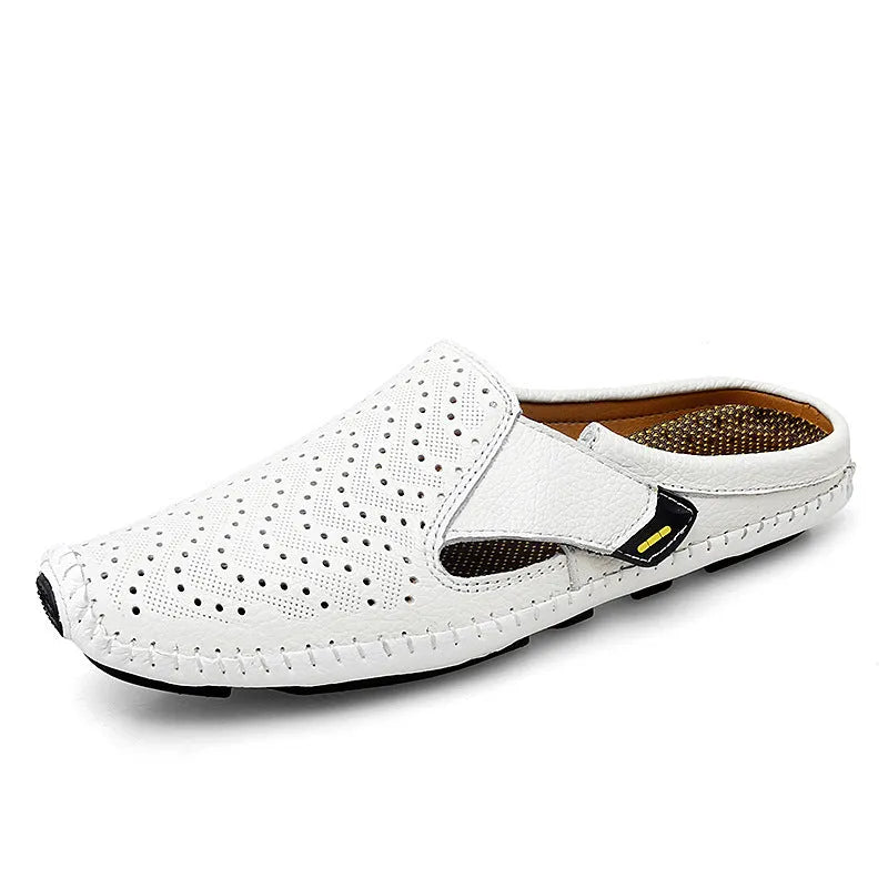 Muller low-top cowhide slip-on shoes with flat heel and sewn rubber sole in white, blue, black or brown