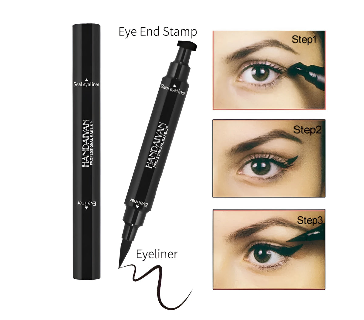 Double-headed seal eyeliner pen in black with triangle seal tip and waterproof 2-in-1 design.