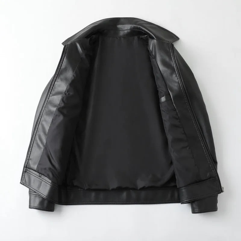 Men's black PU leather casual jacket showing front zipper and zippered pockets