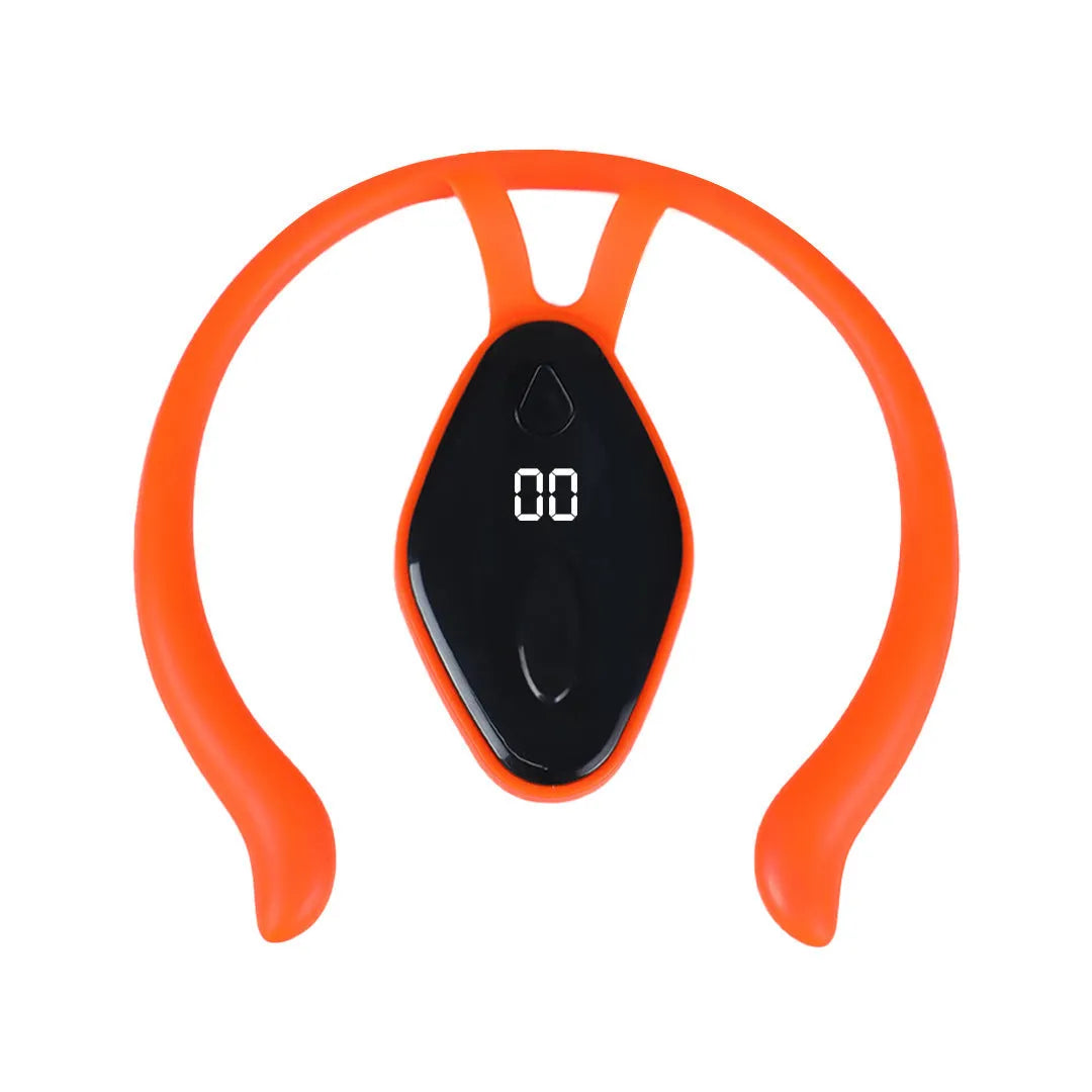 Children's portable posture corrector with LCD display, vibration reminder, USB charging, in black or orange.