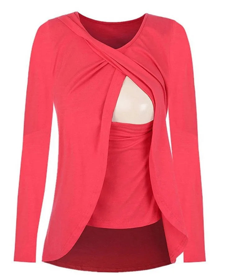 Europe maternity cotton round neck feeding shirt blouse 8962 in solid colour for pregnant women