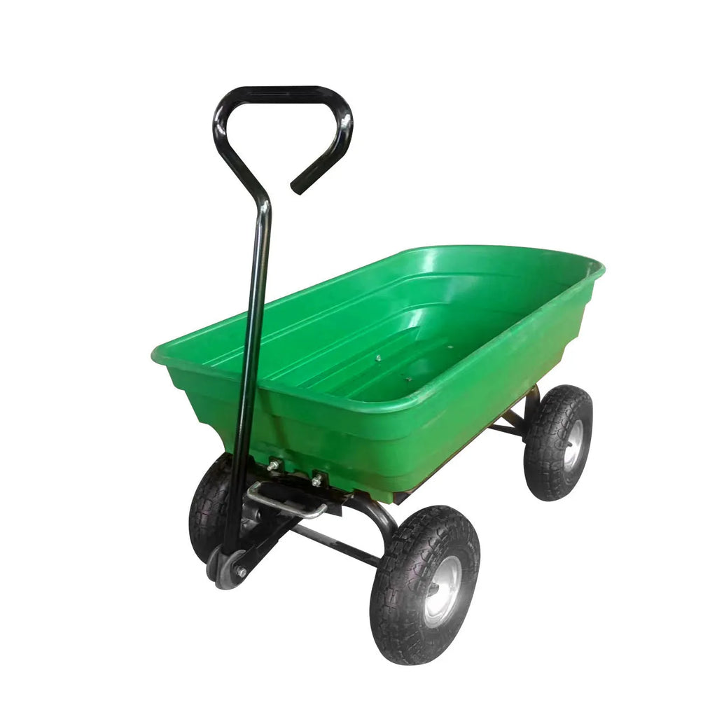 Green four-wheel plastic dump truck with a large cargo bed, shown on grass.