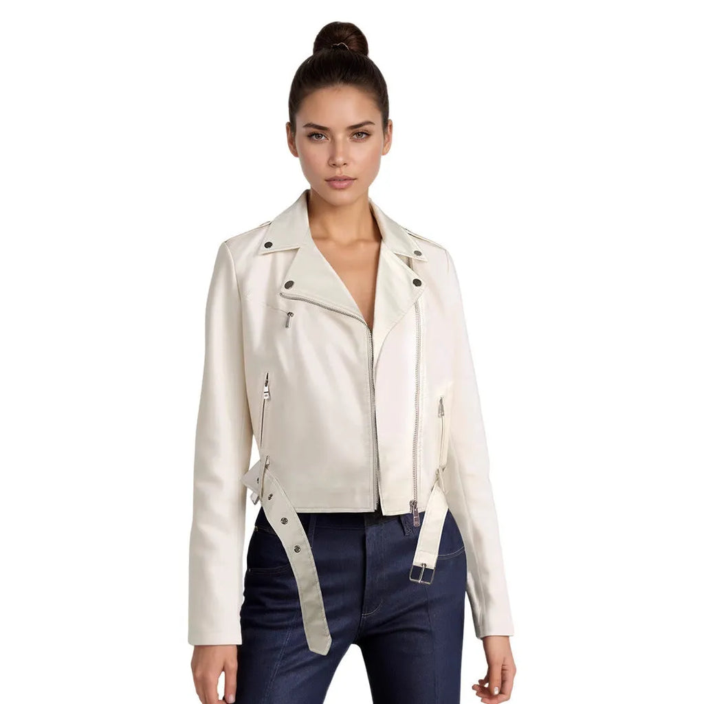Women's black PU leather biker jacket with an adjustable waist belt, shown on a hanger.