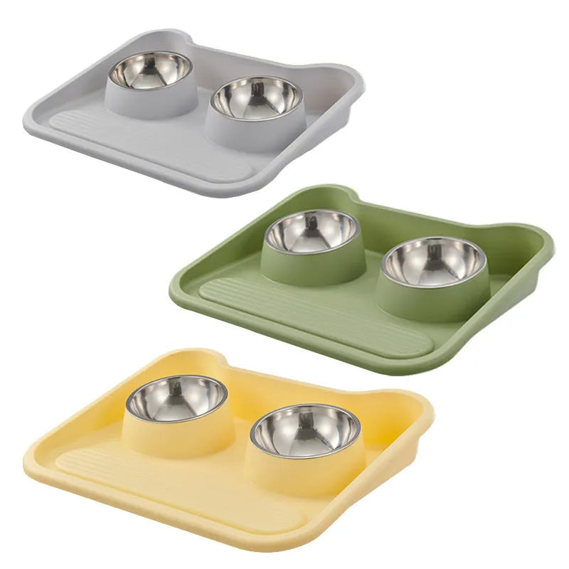 Stainless steel tilted double bowl pet food utensils in Gray, Green, and Yellow colours