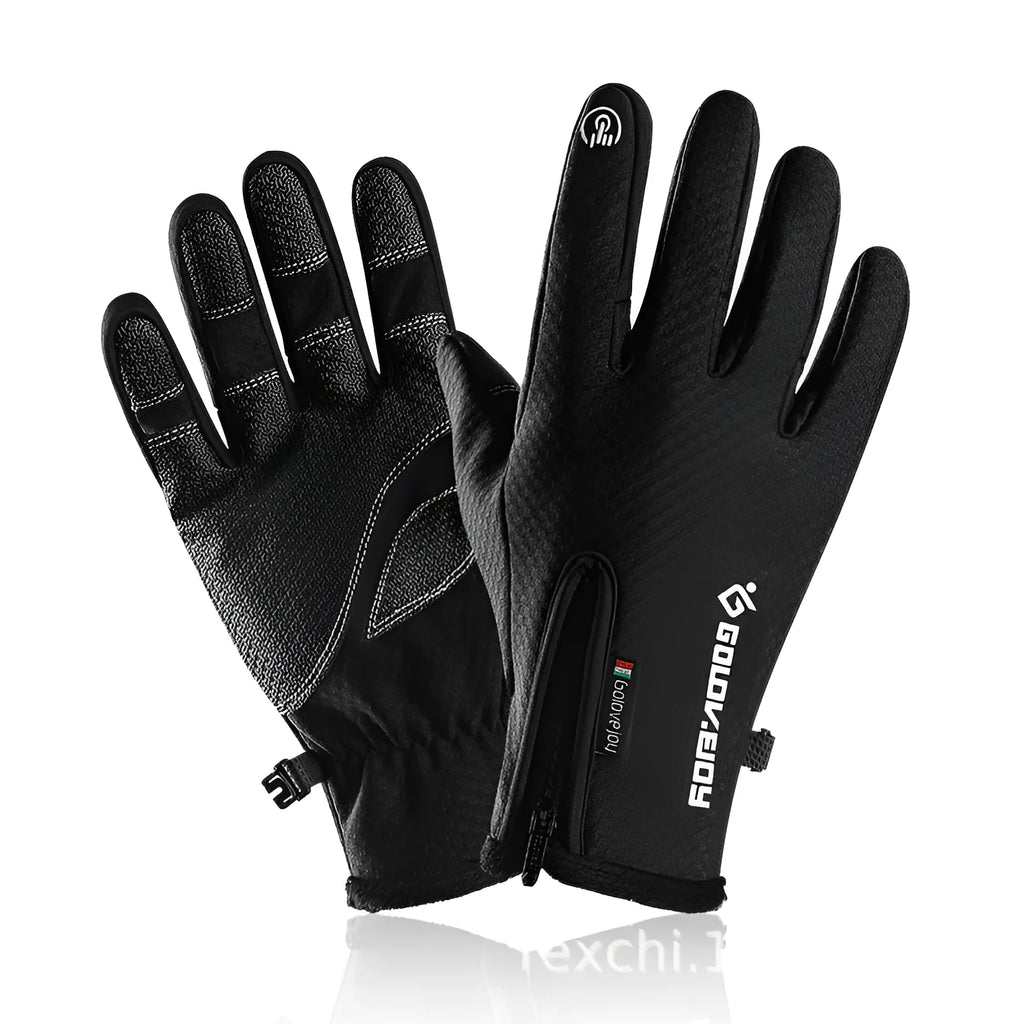Pair of black polar fleece cycling gloves with split fingers and pattern, winter bike gear