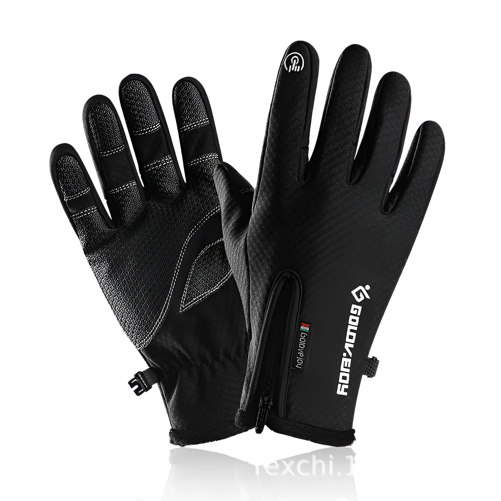 Pair of black polar fleece cycling gloves with split fingers and pattern, winter bike gear
