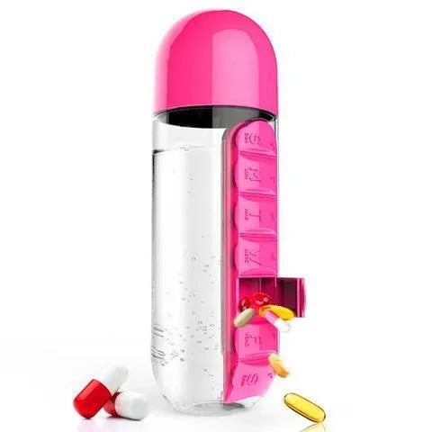 Creative wrist capsule water cup with medicine box 600ml in black, showing lid with integrated pill compartment