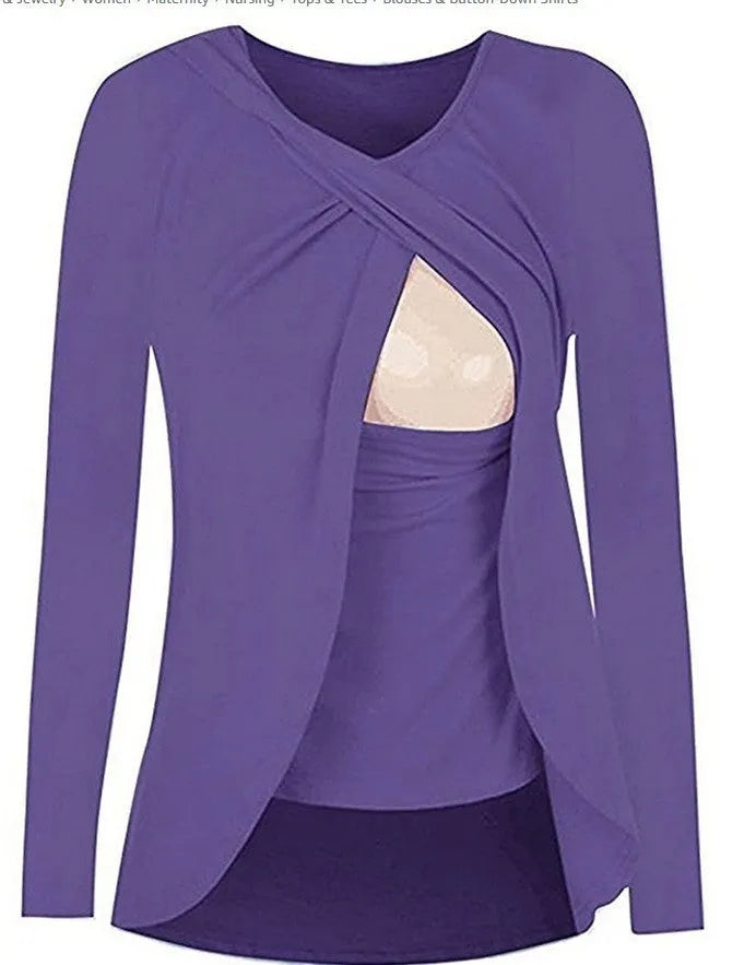 Europe maternity cotton round neck feeding shirt blouse 8962 in solid colour for pregnant women