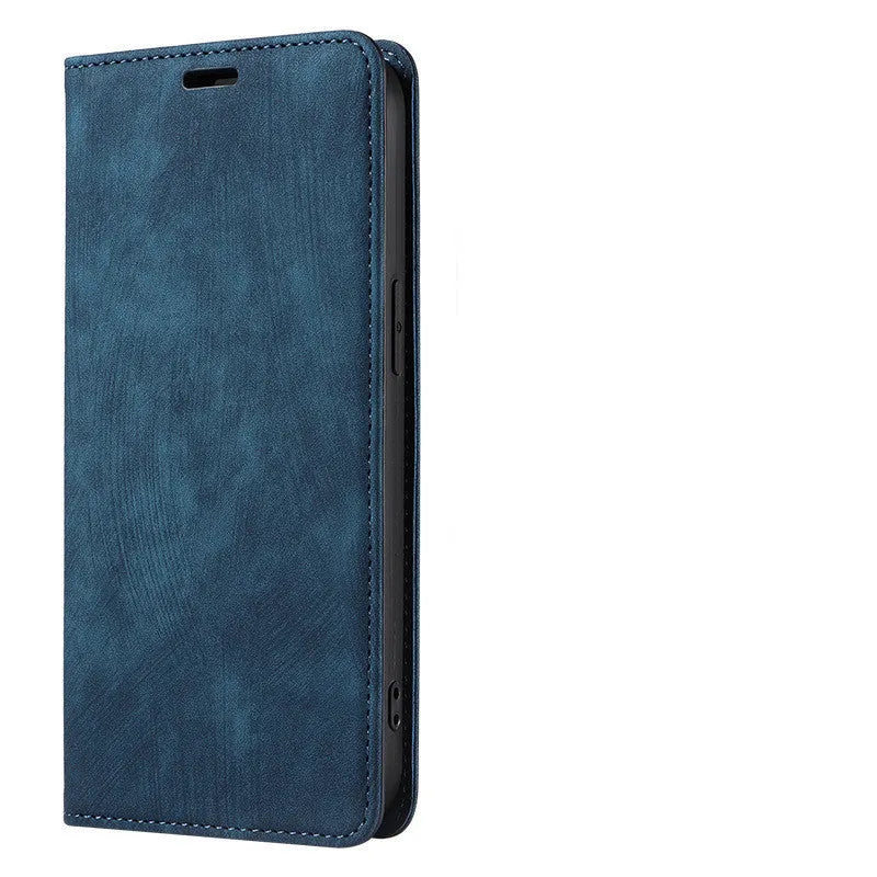 Magnetic flip phone case for iPhone shown closed, displaying the leather front cover and magnetic closure in grey.