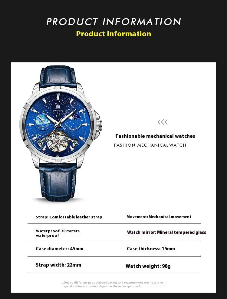 Men's blue dial automatic mechanical watch with stainless steel case, model T885B.