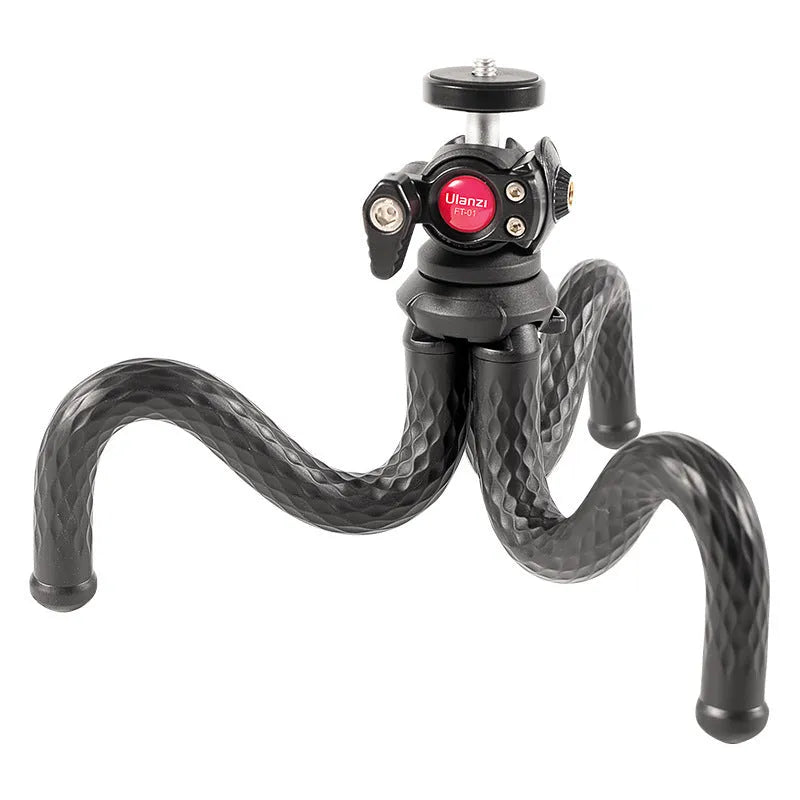 Black octopus-style flexible leg tripod with mobile phone clip attached, FT-01 model extended to 360mm