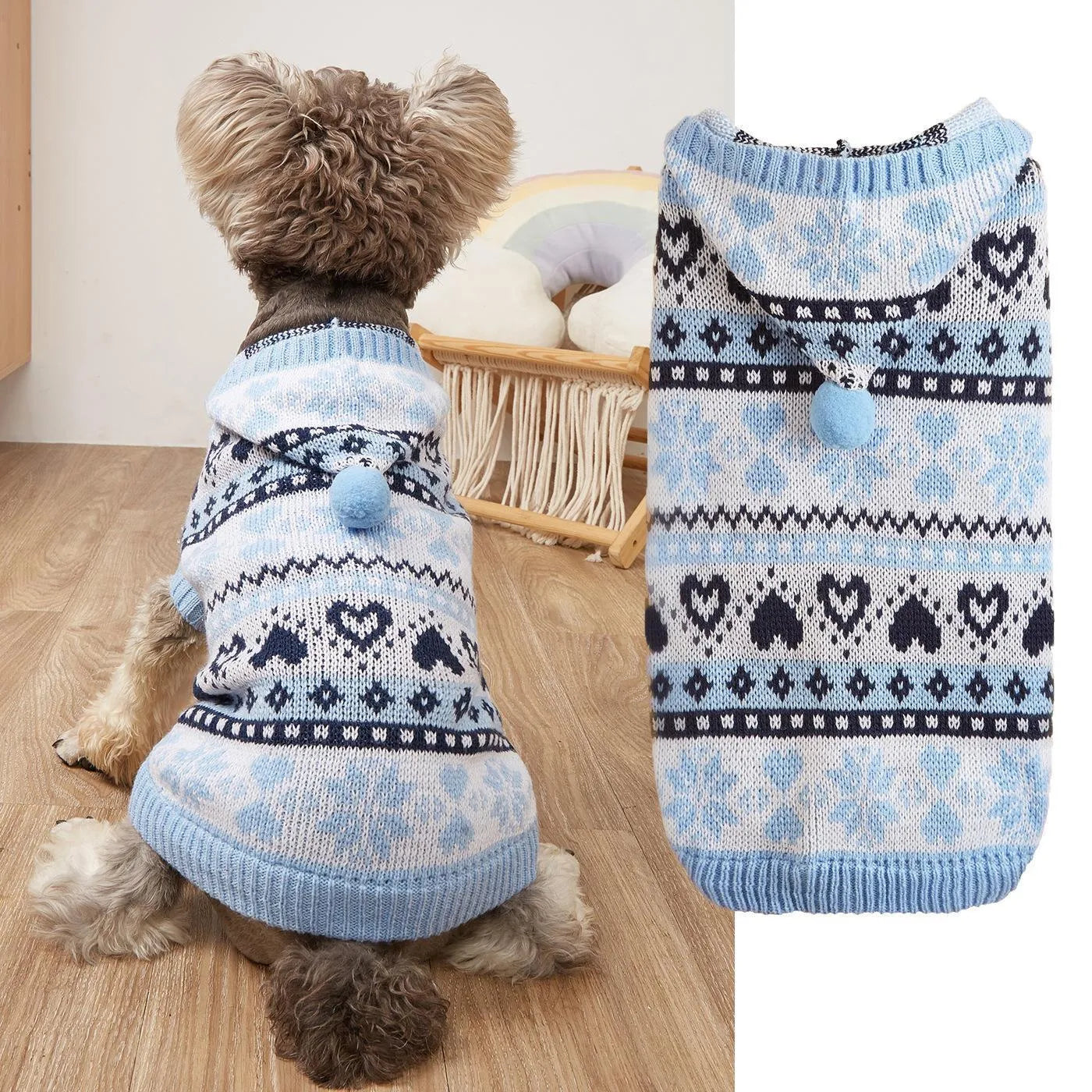 Small pink dog sweater with striped camouflage and snowflake patterns on a mannequin.