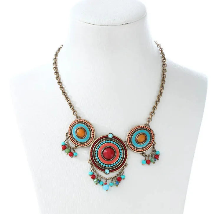 Red bohemian exaggerated diamond alloy necklace with man-made crystal meteorite pendant on bamboo-style chain for women