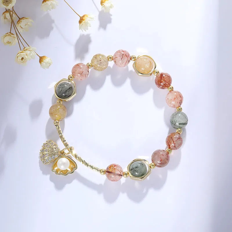 Women's colourful hair crystal shell bracelet with red sealant flower detailing and electroplated finish