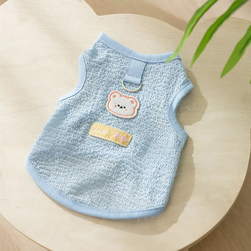 Cat wearing bear patch knitted clothing with hollowed-out breathable design in blue colour