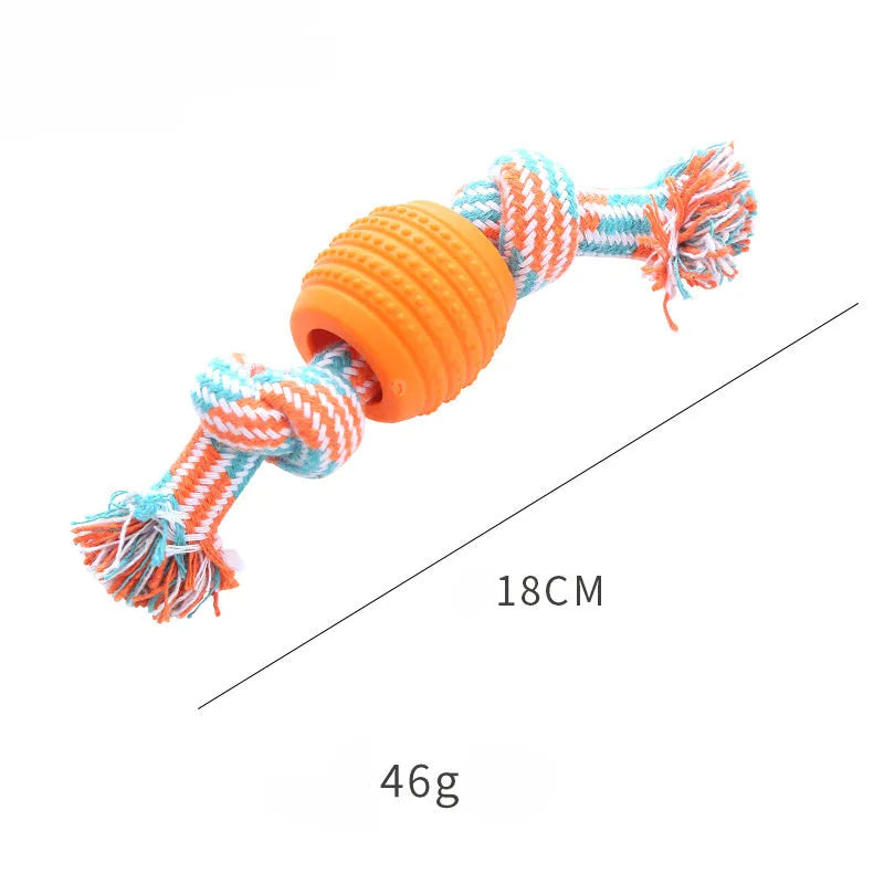Set of colourful blue, green, orange, pink, and red dog chew toys with rope textures for dental health.