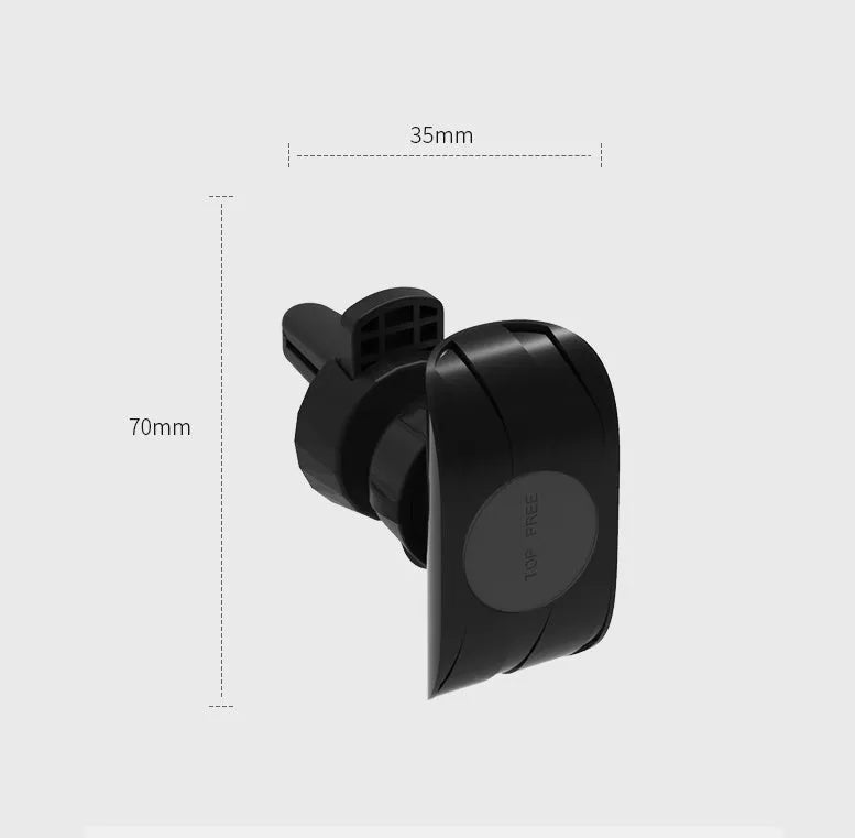 Black universal car phone holder attached to a car air vent, showing flexible gooseneck arm and adjustable phone cradle.
