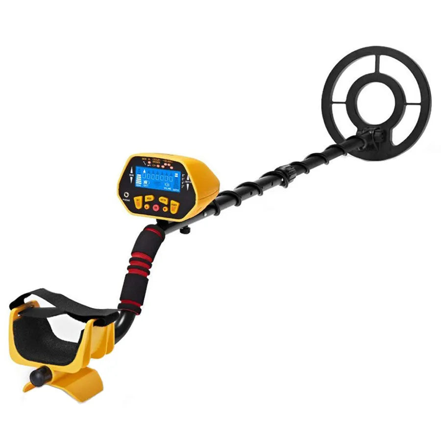 GC1028 black and yellow metal detector with LCD screen and adjustable pole, showing waterproof search coil.