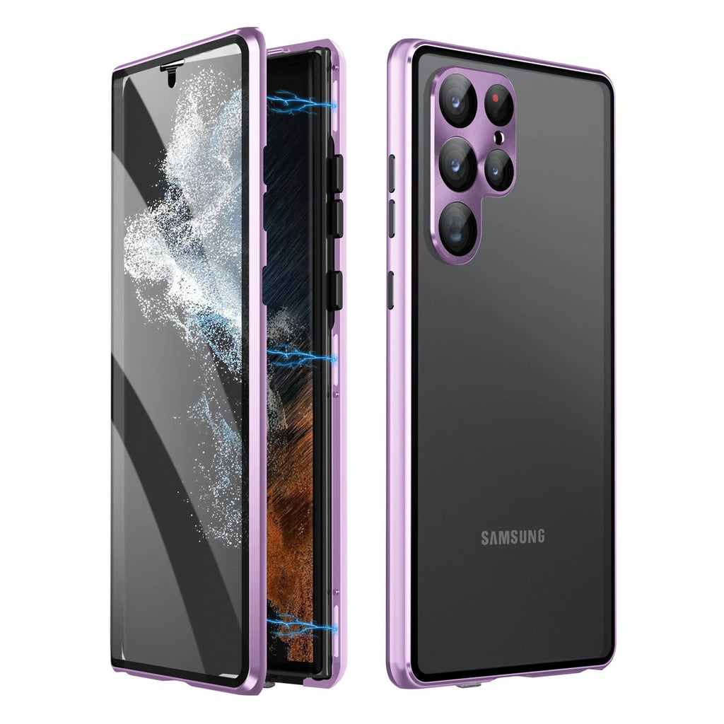 Black magnetic phone case with integrated mirror for Samsung Galaxy S24 Ultra shown from the front.