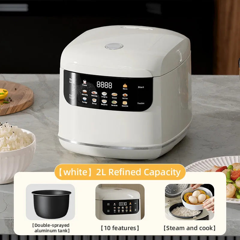 White multi-function smart rice cooker with 2L steamer, touch panel, LCD display, and aluminum core lining