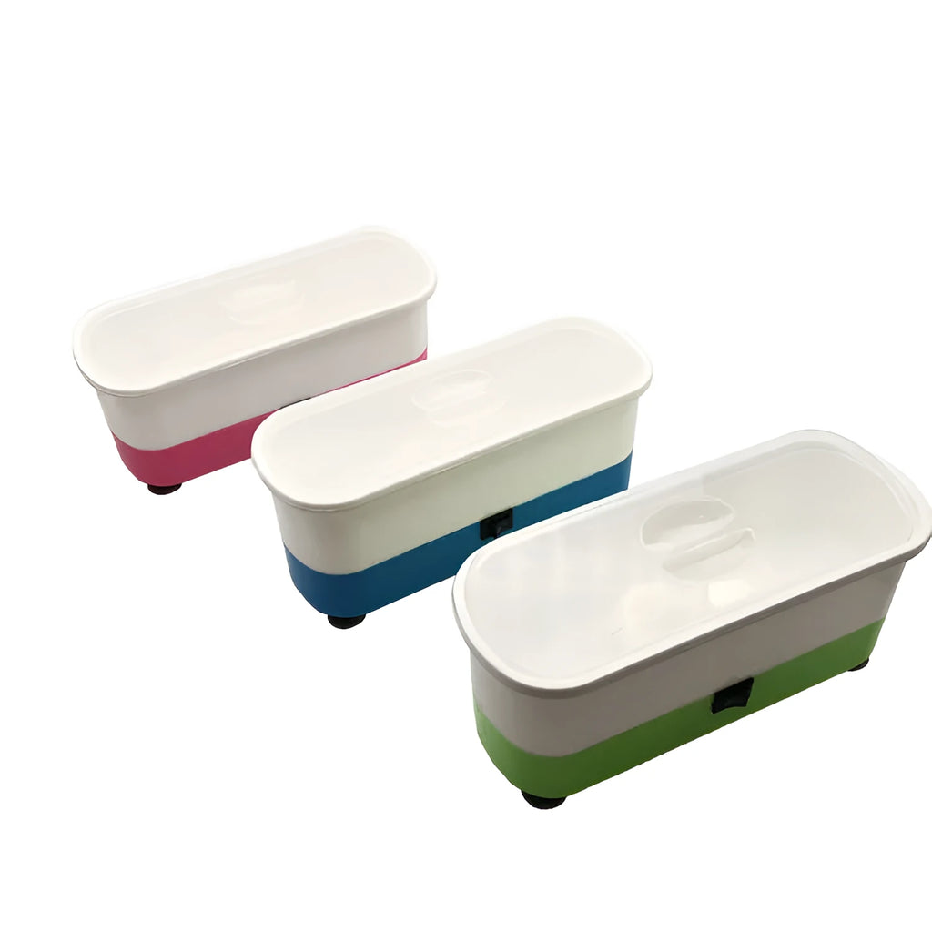 Blue plastic analog ultrasonic cleaner for glasses and contact lenses, 17x6x8 cm, with suction cups on a table