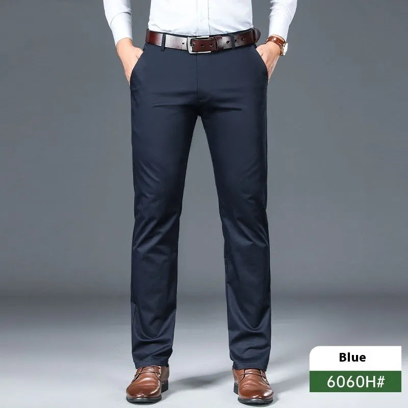 Business non-iron stretch men's straight casual trousers in black, gray, khaki, and blue, cotton-polyester blend