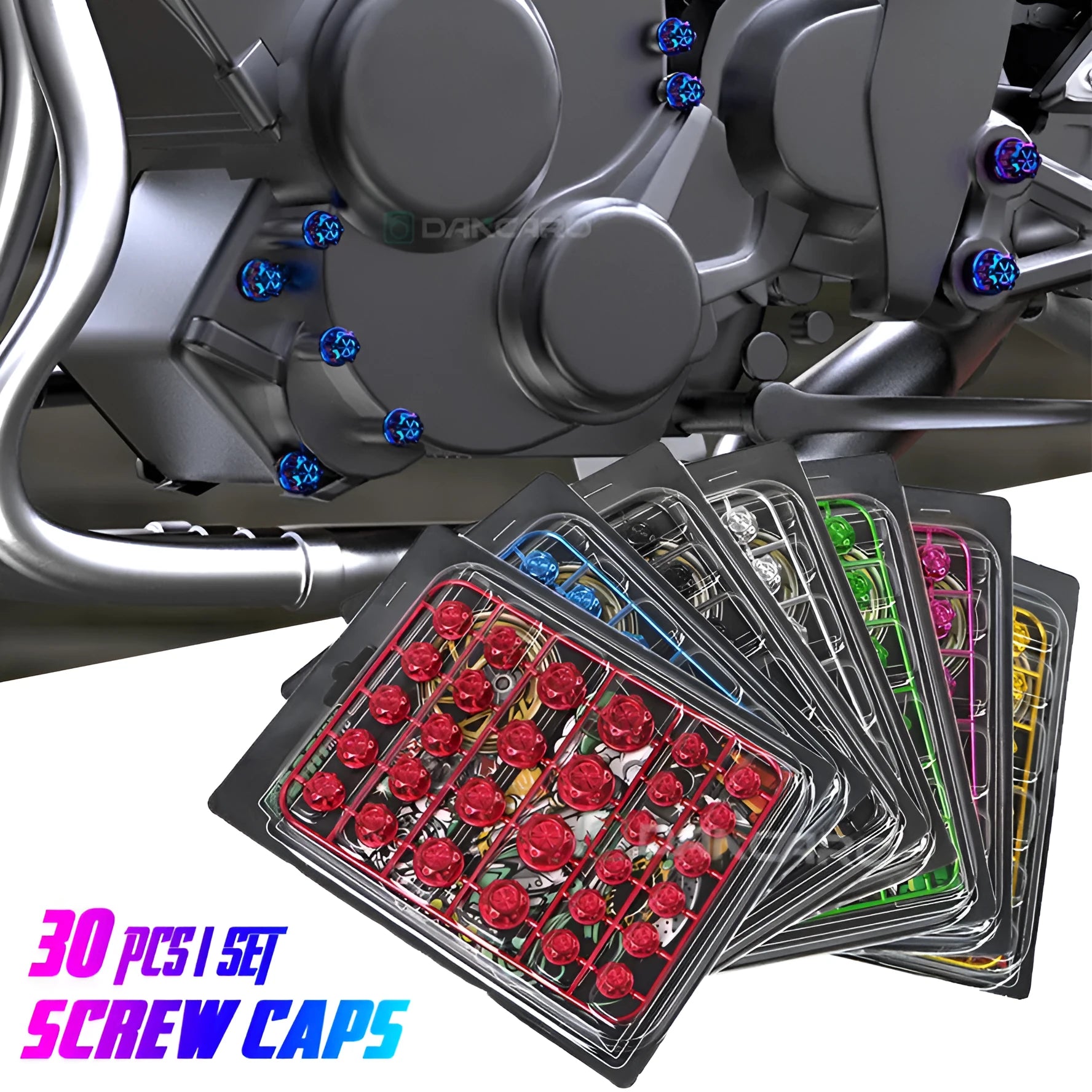Set of 30 ABS plastic motorcycle screw covers in various colours for engine thread protection