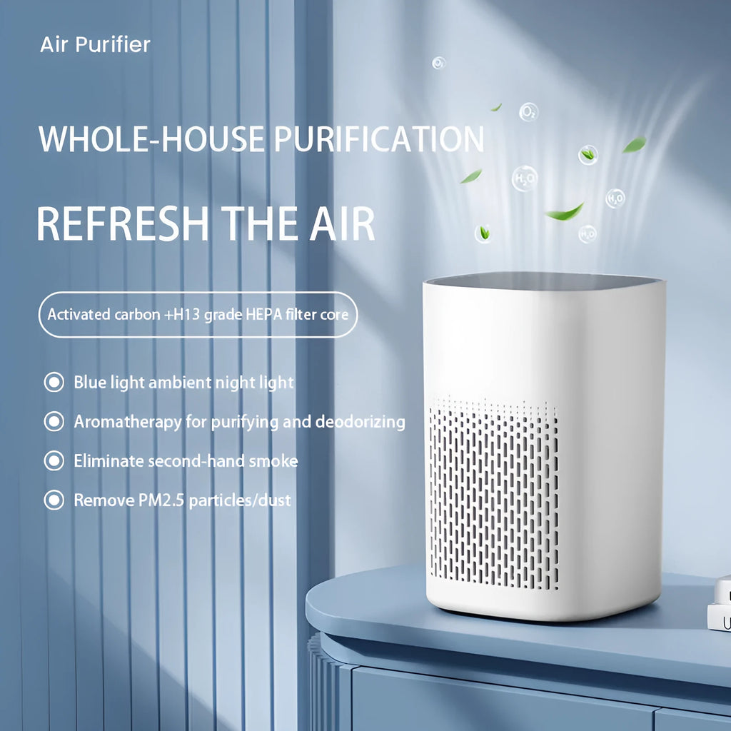 Simple-style desktop air purifier with USB port on a wooden desk.