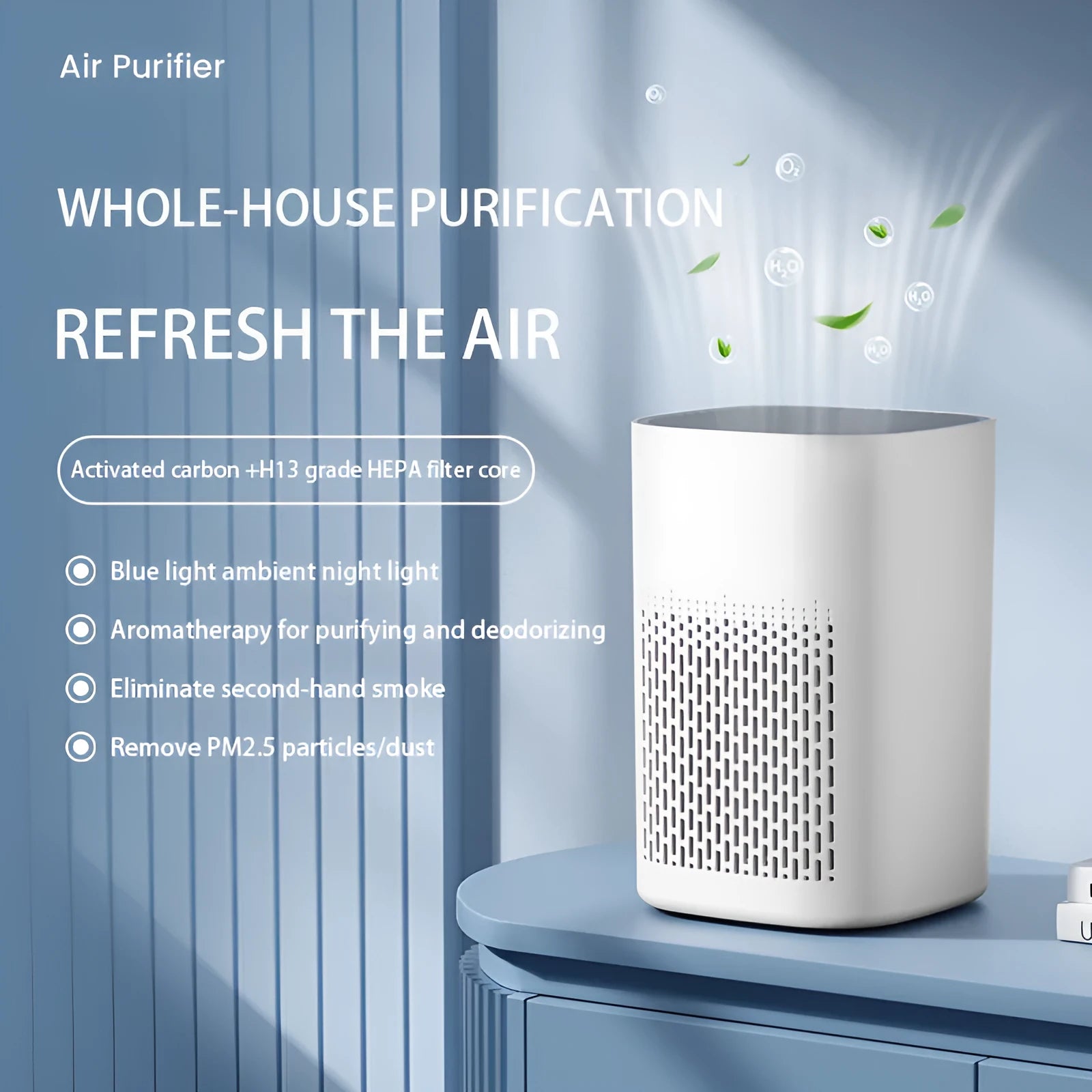 Simple-style desktop air purifier with USB port on a wooden desk.