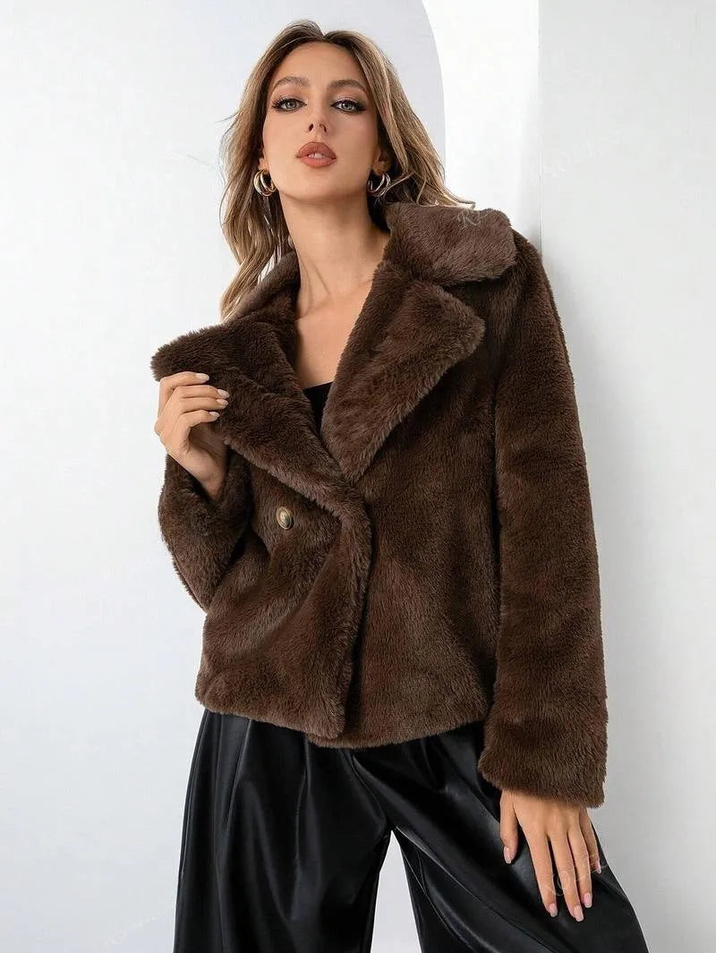 Women's loose short coat in soft faux fur, shown in rose red, with regular sleeves and a fresh sweet style.