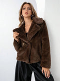 Women's loose short coat in soft faux fur, shown in rose red, with regular sleeves and a fresh sweet style.