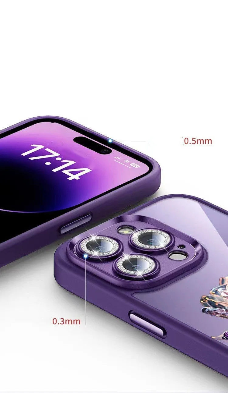 Dark Purple Fairy rose design TPU iPhone case with sparkling pink lens film for iPhone 11-14 models